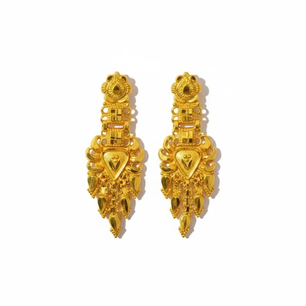 916 (22K) Yellow Gold Traditional Indian Earrings  Filigree Chandelier Drops