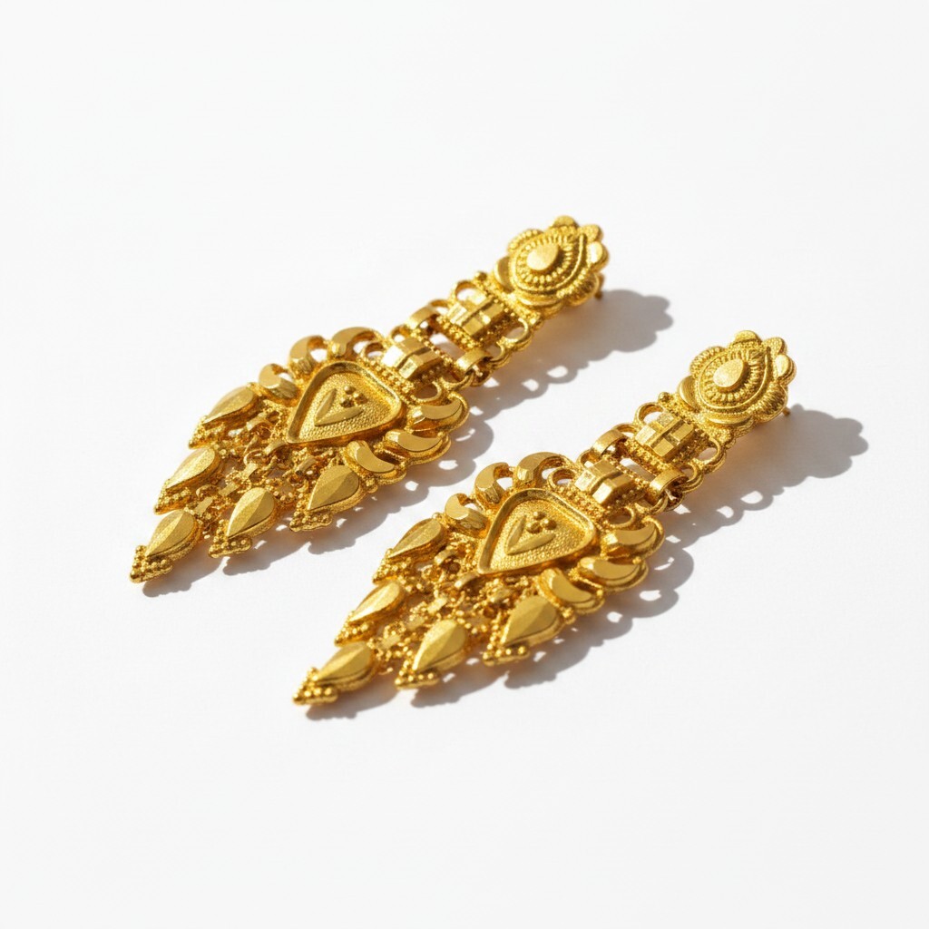 916 (22K) Yellow Gold Traditional Indian Earrings  Filigree Chandelier Drops (2)