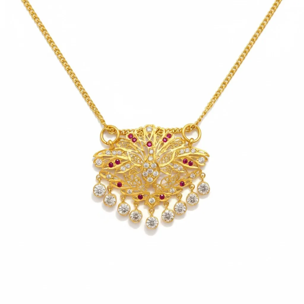 916 (22K) Yellow Gold Peacock Pendant  Traditional Indian Filigree Ruby & Zircon Motif (7)