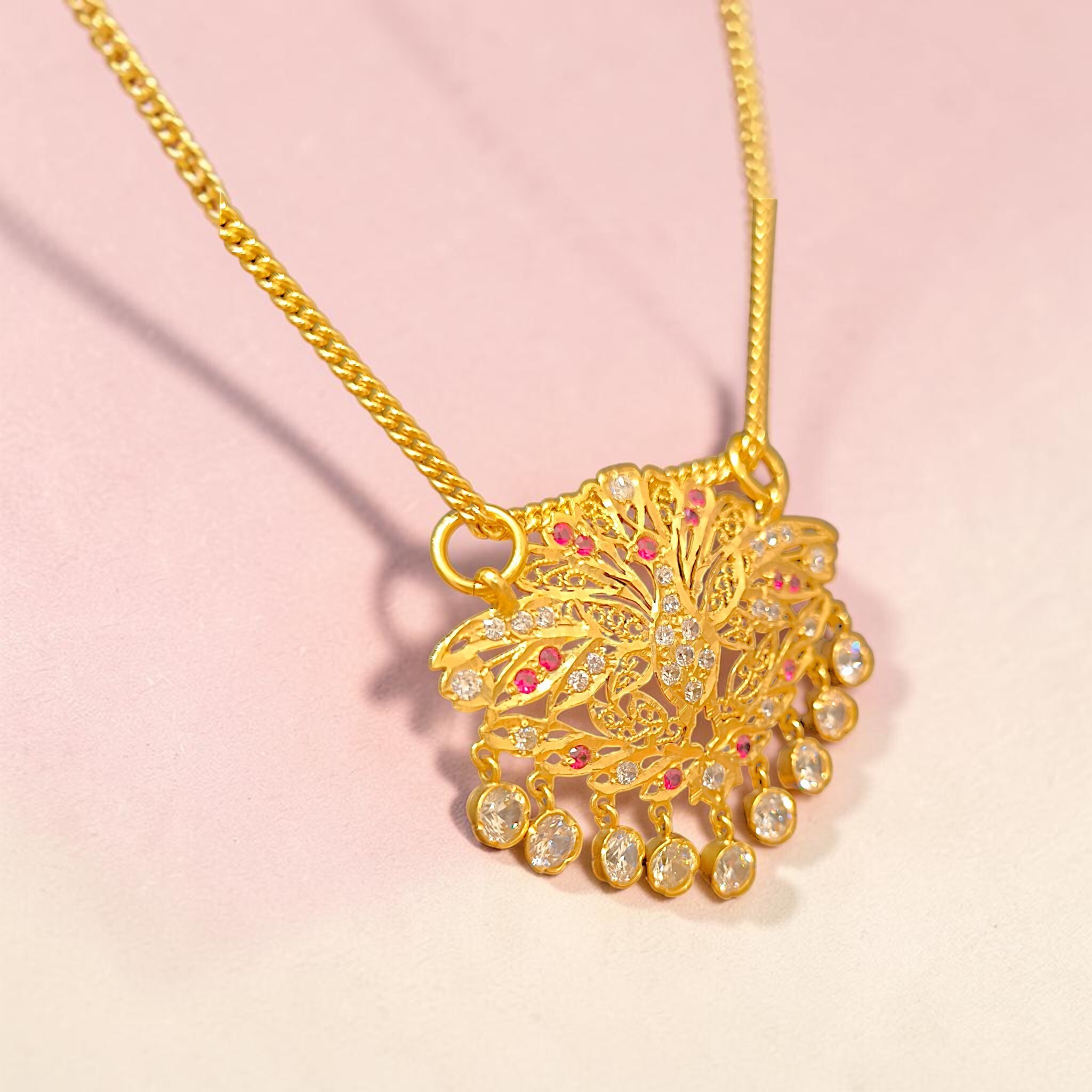 916 (22K) Yellow Gold Peacock Pendant  Traditional Indian Filigree Ruby & Zircon Motif (3)