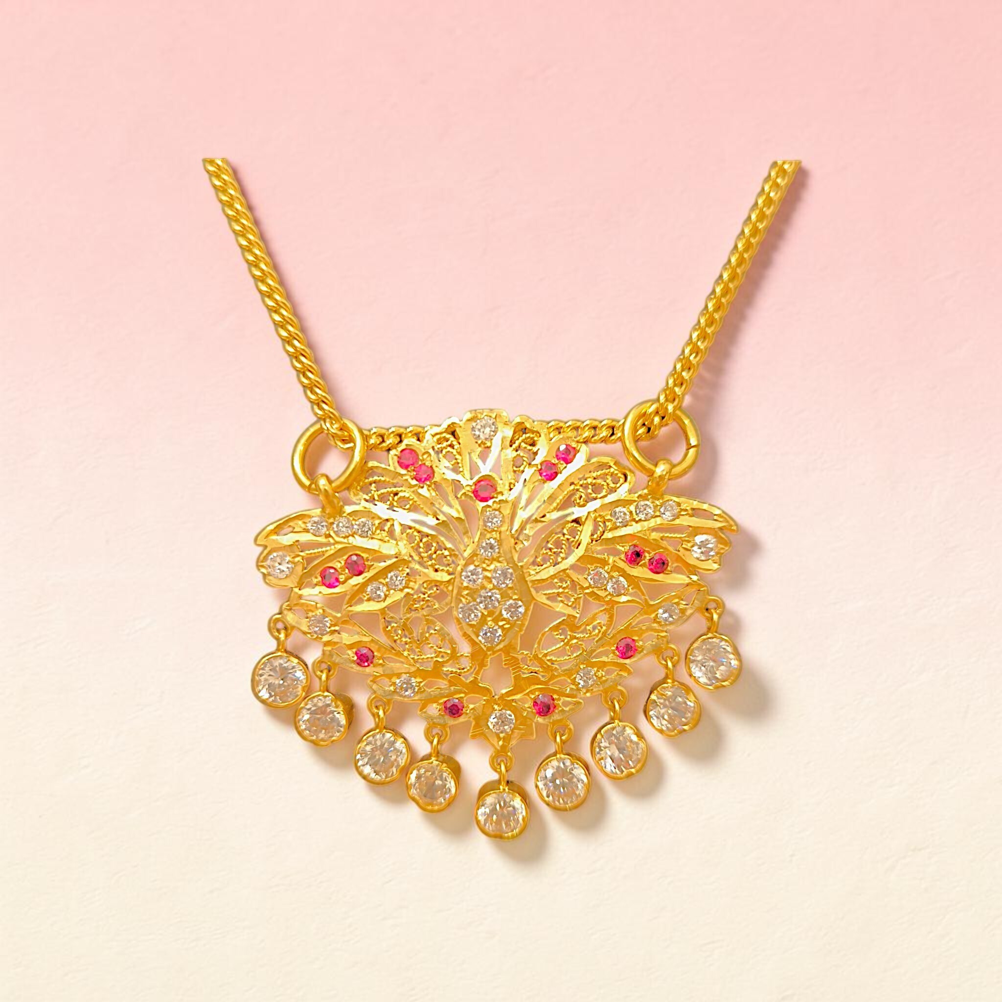 916 (22K) Yellow Gold Peacock Pendant  Traditional Indian Filigree Ruby & Zircon Motif (4)
