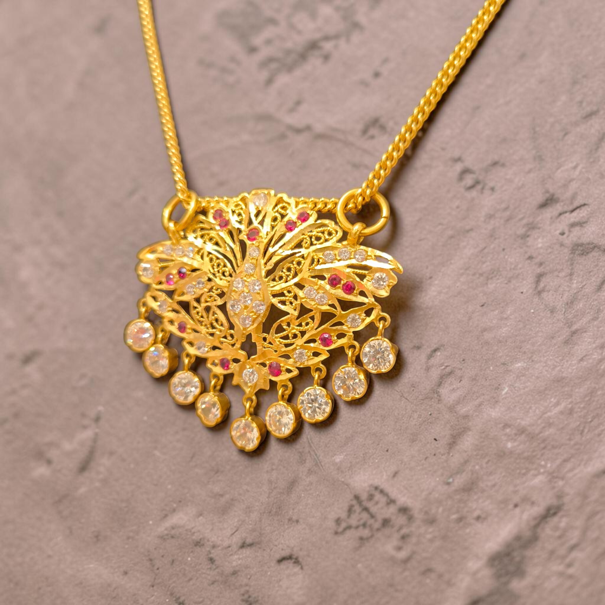 916 (22K) Yellow Gold Peacock Pendant  Traditional Indian Filigree Ruby & Zircon Motif (2)