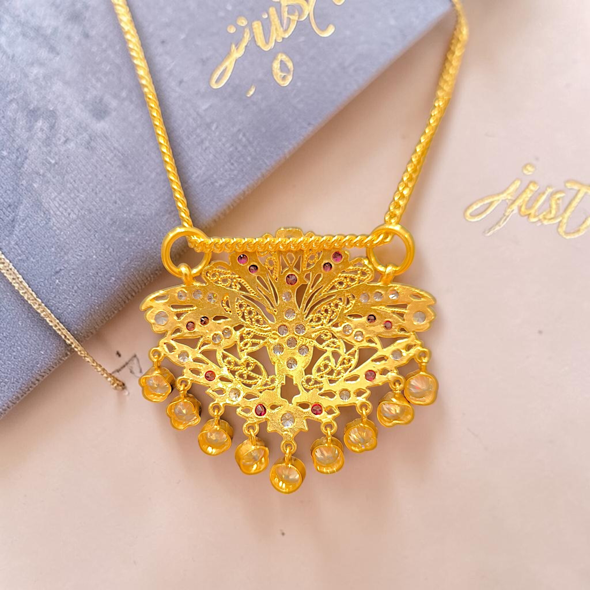 916 (22K) Yellow Gold Peacock Pendant  Traditional Indian Filigree Ruby & Zircon Motif (6)