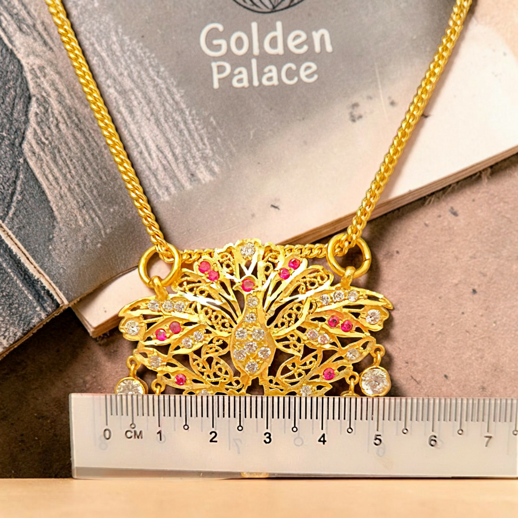 916 (22K) Yellow Gold Peacock Pendant  Traditional Indian Filigree Ruby & Zircon Motif (1)