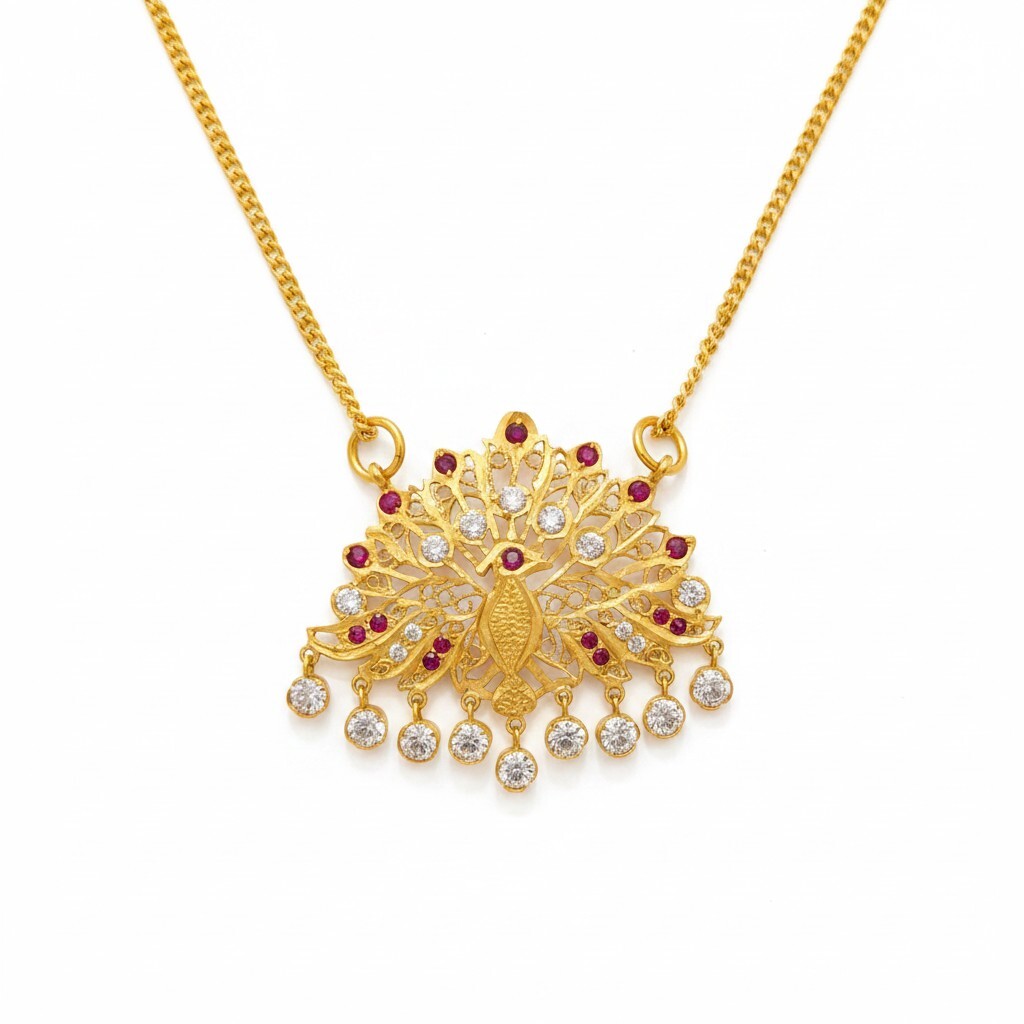 916 (22K) Yellow Gold Peacock Pendant  Traditional Indian Filigree Ruby & Zircon Motif (3)