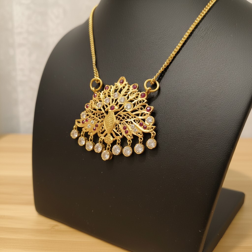 916 (22K) Yellow Gold Peacock Pendant  Traditional Indian Filigree Ruby & Zircon Motif (2)