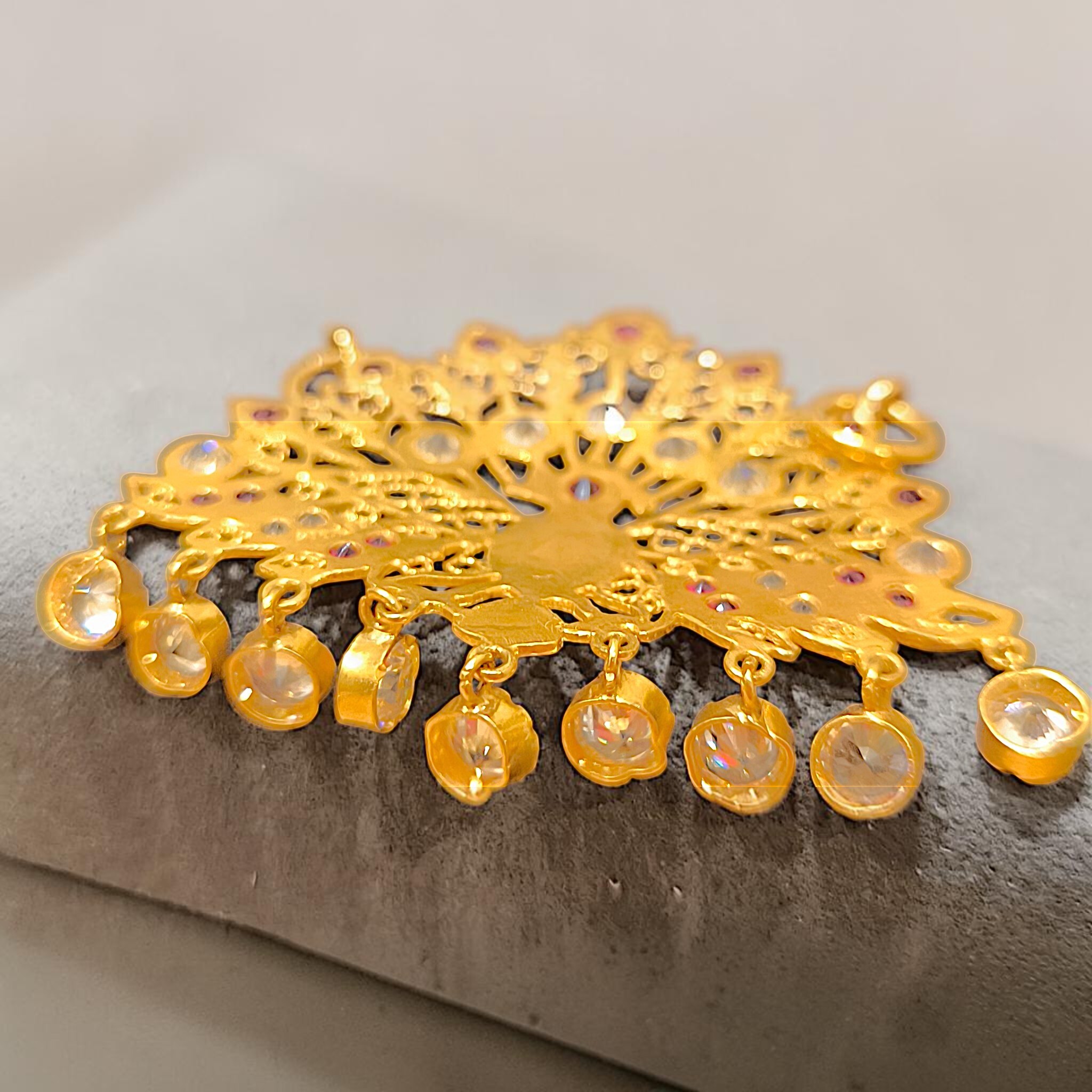 916 (22K) Yellow Gold Peacock Pendant  Traditional Indian Filigree Ruby & Zircon Motif (1)