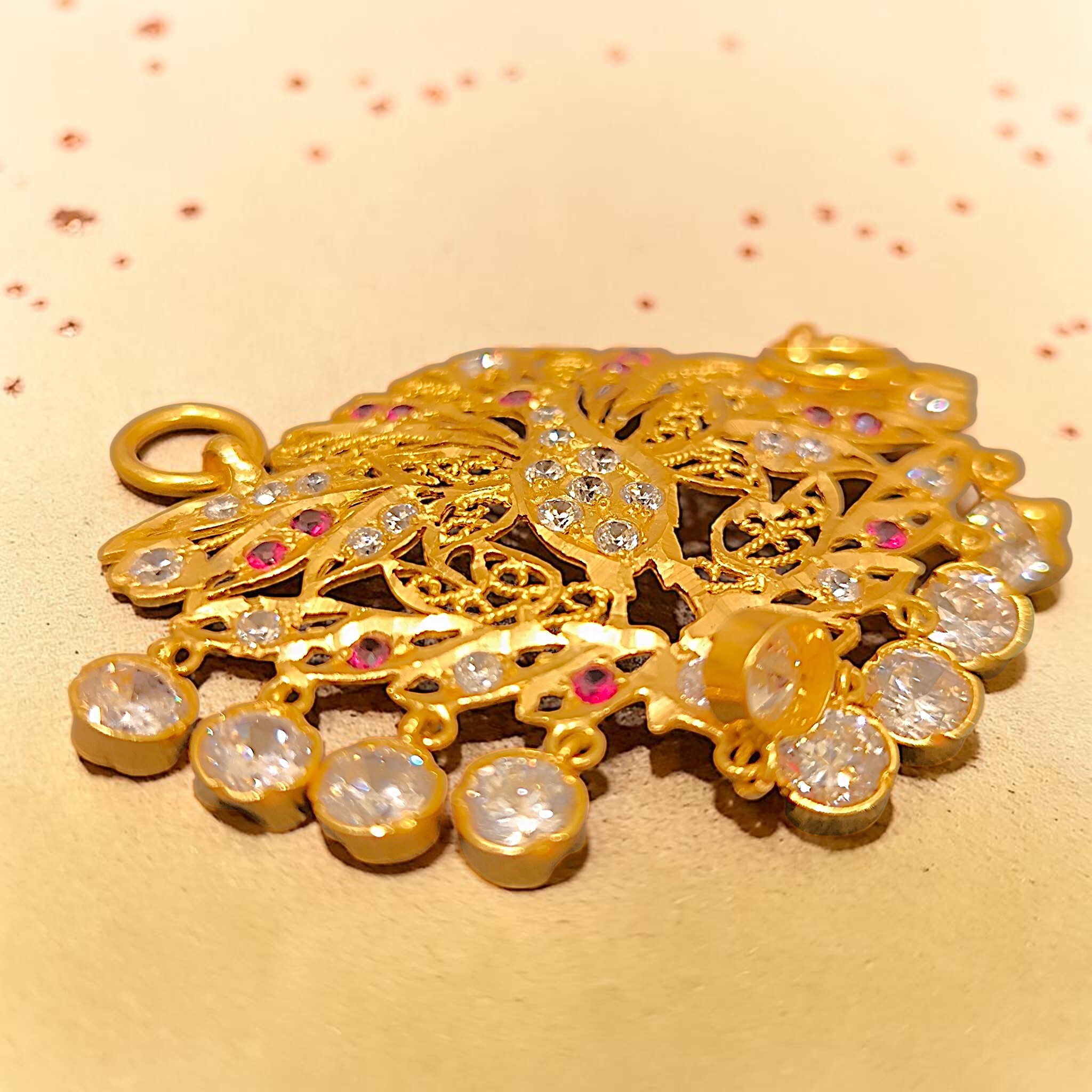 916 (22K) Yellow Gold Peacock Pendant  Traditional Indian Filigree Ruby & Zircon Motif (14)