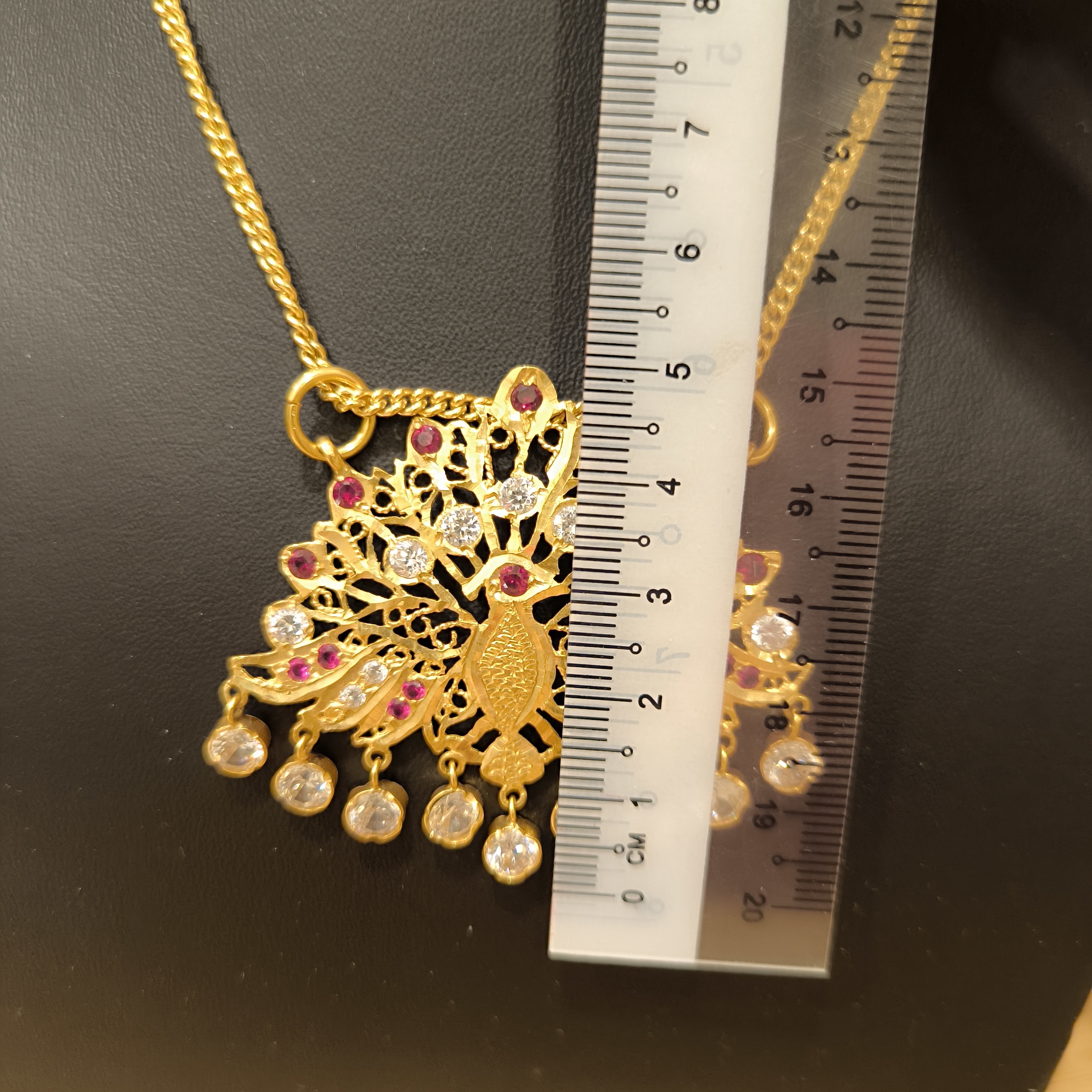 916 (22K) Yellow Gold Peacock Pendant  Traditional Indian Filigree Ruby & Zircon Motif (9)