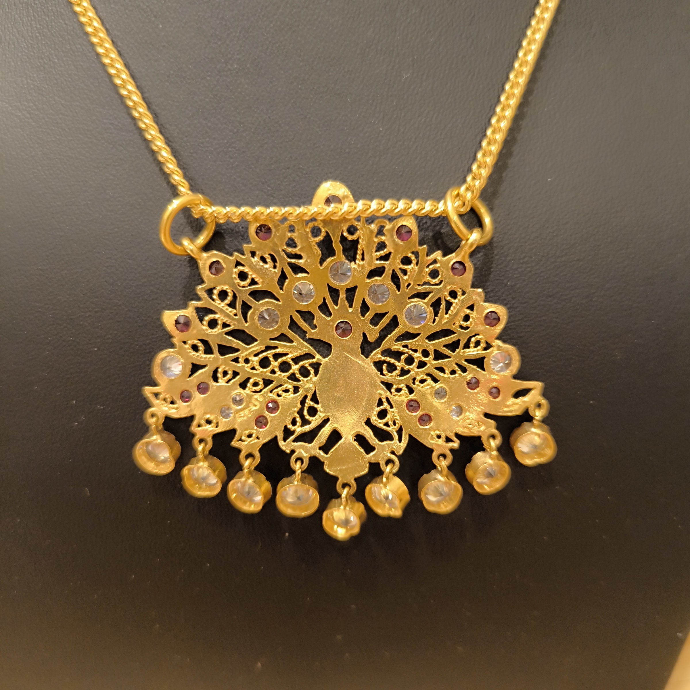 916 (22K) Yellow Gold Peacock Pendant  Traditional Indian Filigree Ruby & Zircon Motif (10)