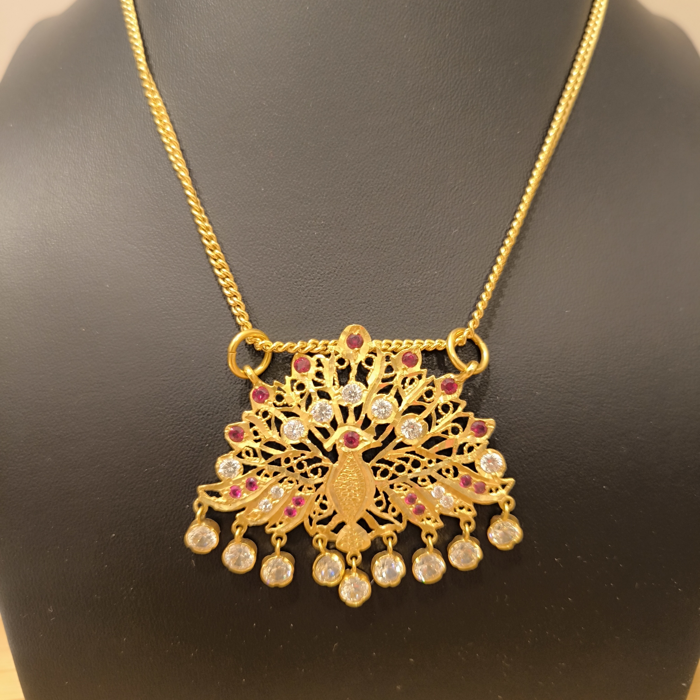 916 (22K) Yellow Gold Peacock Pendant  Traditional Indian Filigree Ruby & Zircon Motif (12)