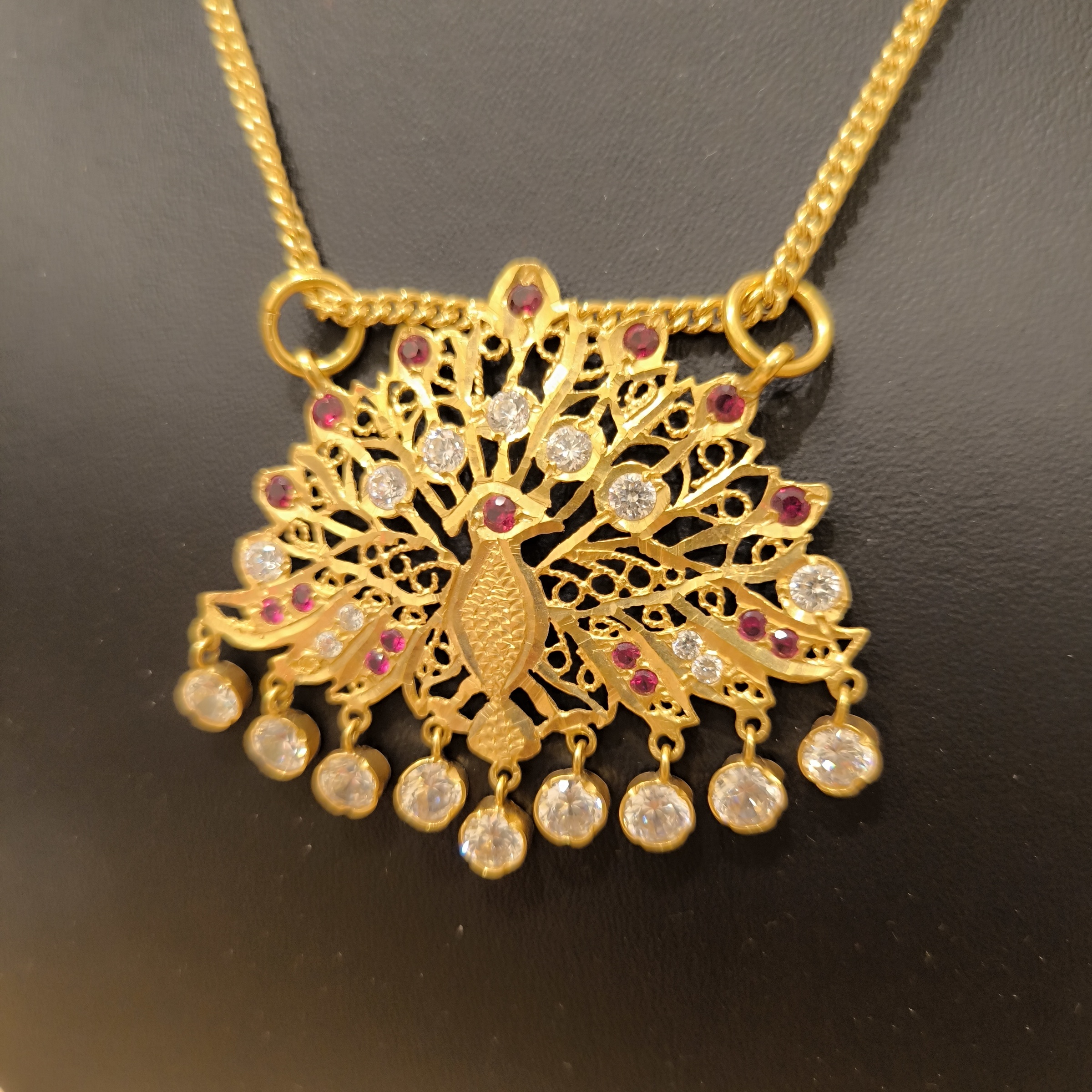 916 (22K) Yellow Gold Peacock Pendant  Traditional Indian Filigree Ruby & Zircon Motif (6)