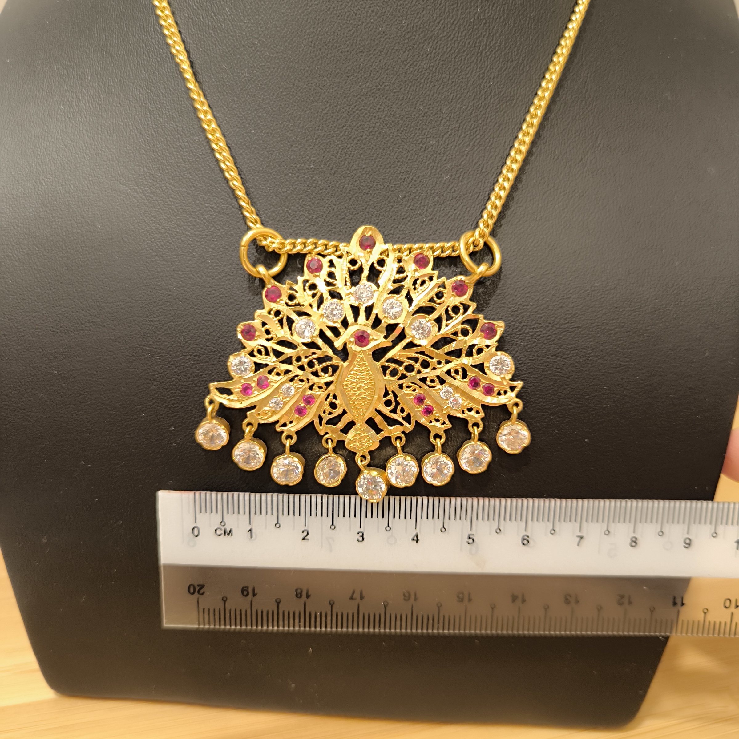 916 (22K) Yellow Gold Peacock Pendant  Traditional Indian Filigree Ruby & Zircon Motif (8)