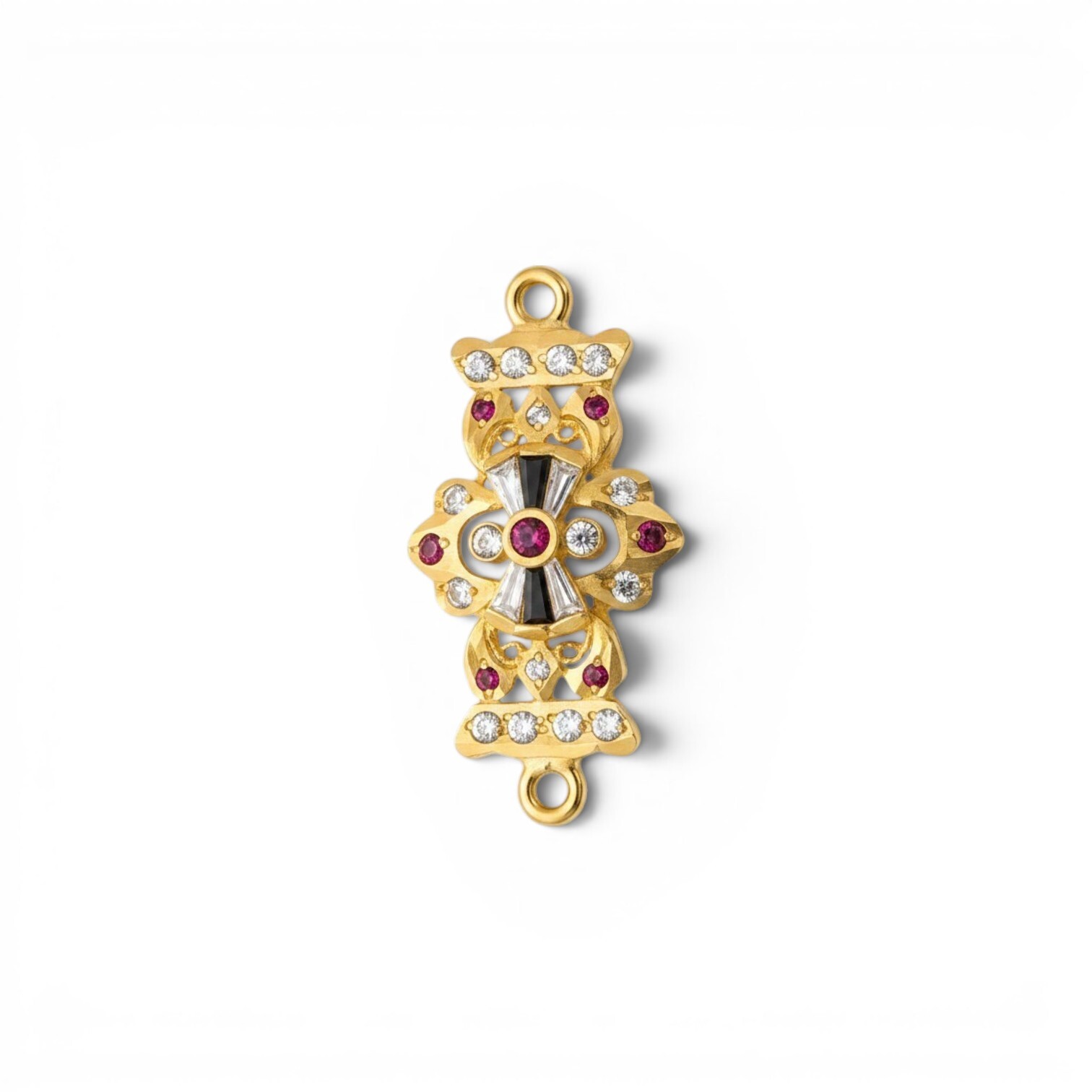 The Rajkumari Bow_ 916 (22K) Yellow Gold Horizontal Ruby, Onyx & Zircon Dual-Loop Connector Motif (4.63g)
