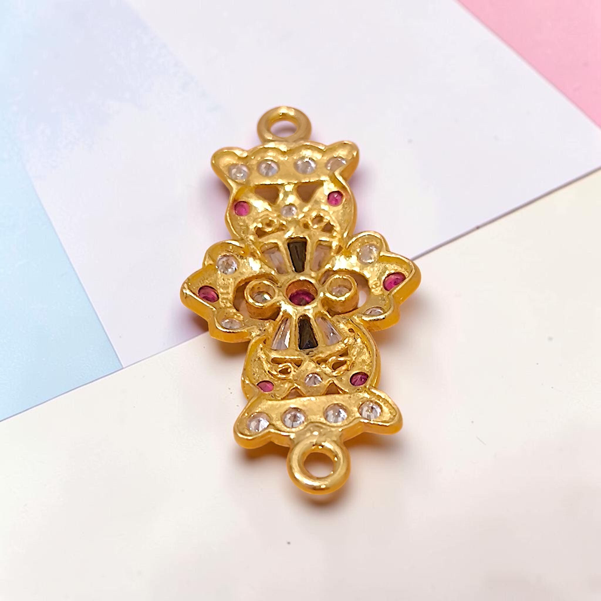 916 (22K) Yellow Gold Horizontal Connector Motif  Ruby & Zircon Link (a)