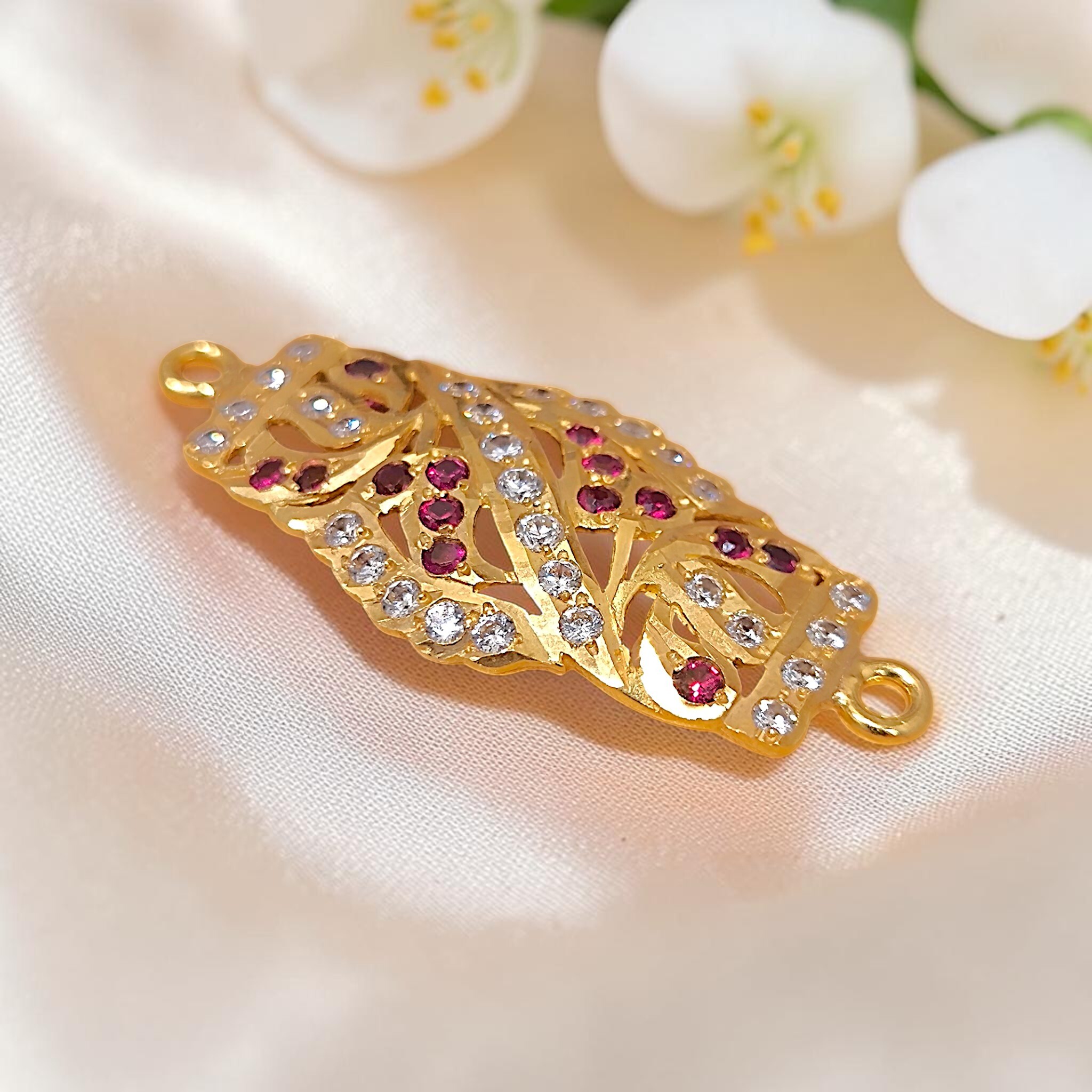 Yellow Gold Wave Connector Motif  Ruby & Zircon Dual-Loop Link (5)