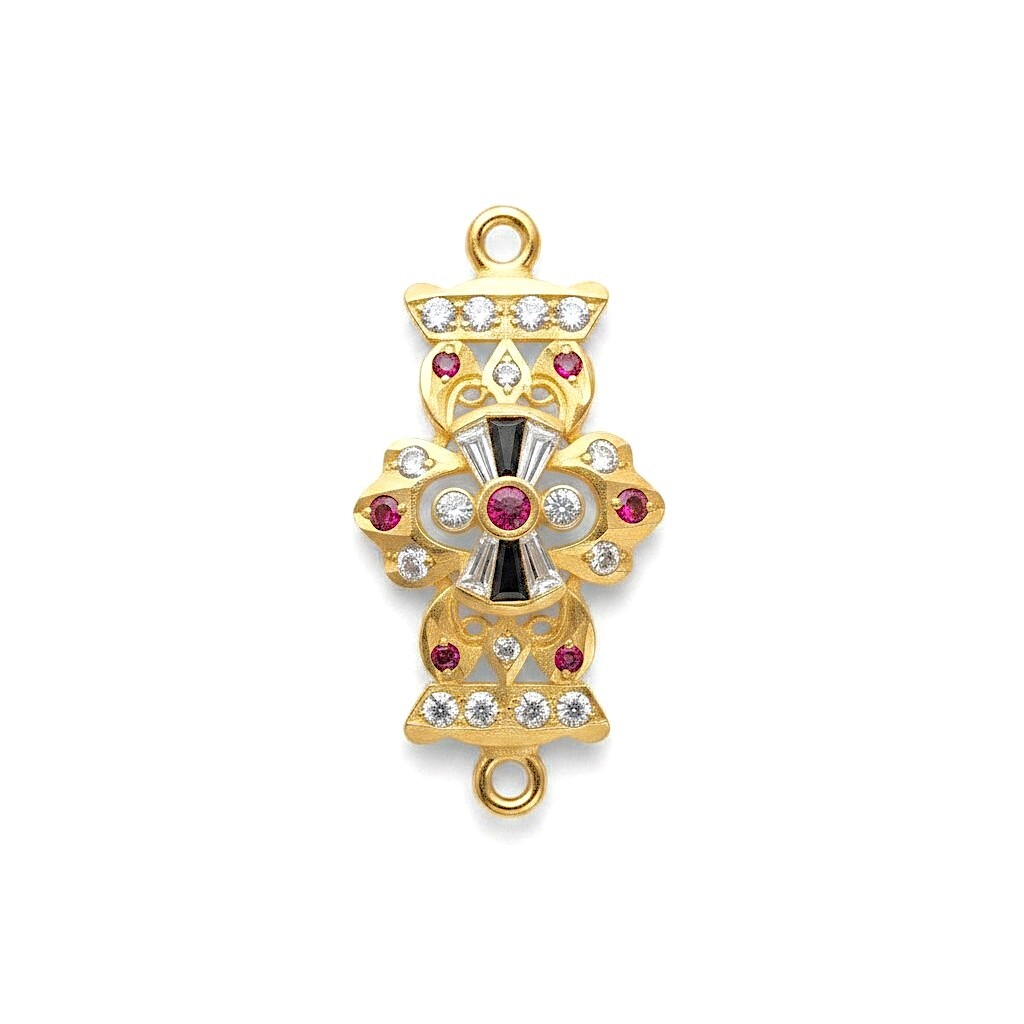 The Rajkumari Bow_ 916 (22K) Yellow Gold Horizontal Ruby, Onyx & Zircon Dual-Loop Connector Motif (4.63g)
