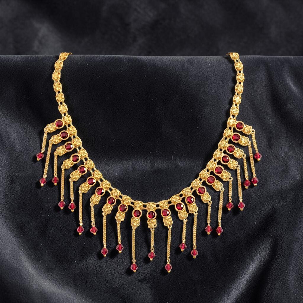 916 (22K) Yellow Gold Traditional Indian Necklace  Ruby Fringe Haar