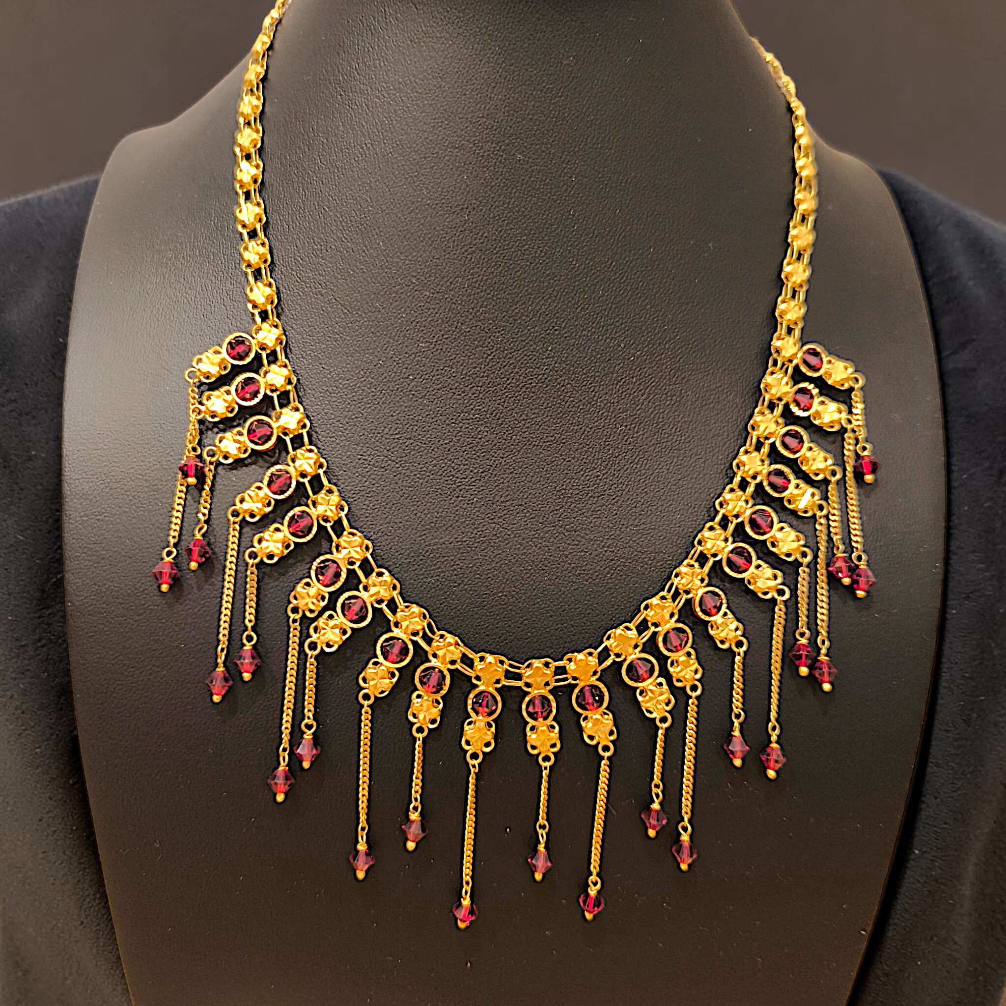 916 (22K) Yellow Gold Traditional Indian Necklace  Ruby Fringe Haar (2)