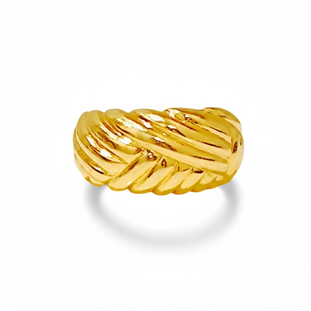 10K Yellow Gold Ribbed Chevron Ring  Sculptural Braided Dome Band