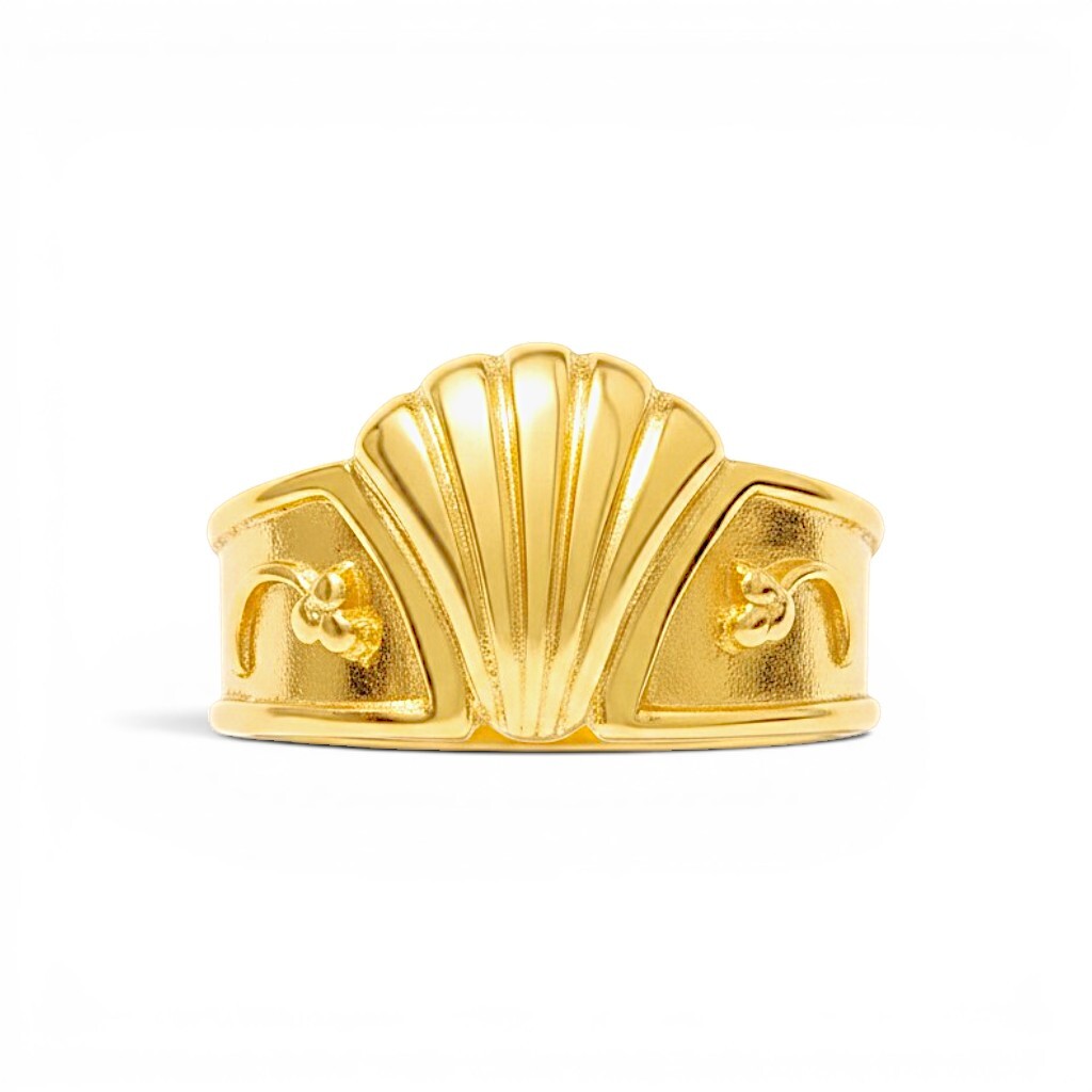 10K Yellow Gold Scallop Shell Ring  Vintage Art Deco Coastal Signet Band (4)