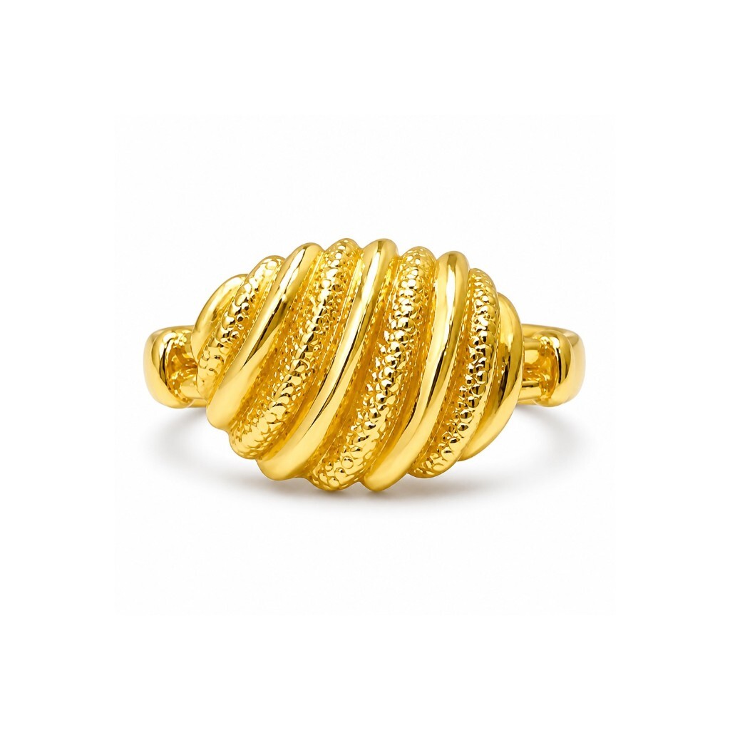10K Yellow Gold Croissant Ring  Textured Wave Dome Band