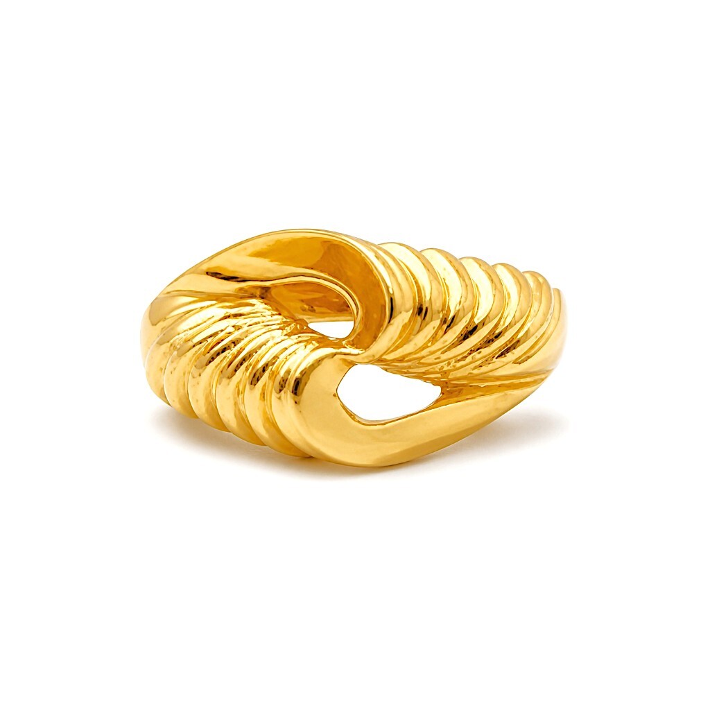 10K Yellow Gold Asymmetric Wave Ring  Textured Swirl Dome Band (12)
