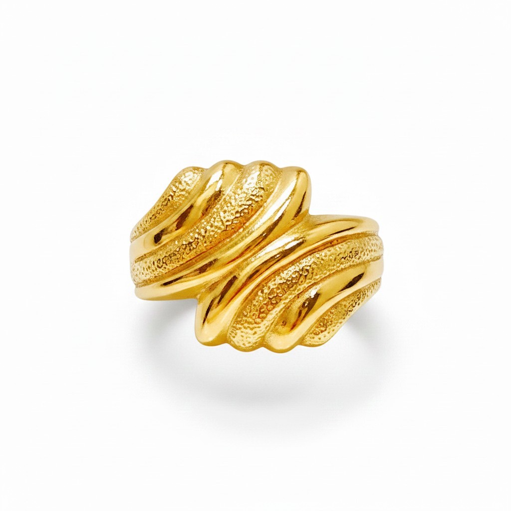 10K Yellow Gold Bypass Wave Ring  Textured Sculptural Swirl Band (2)