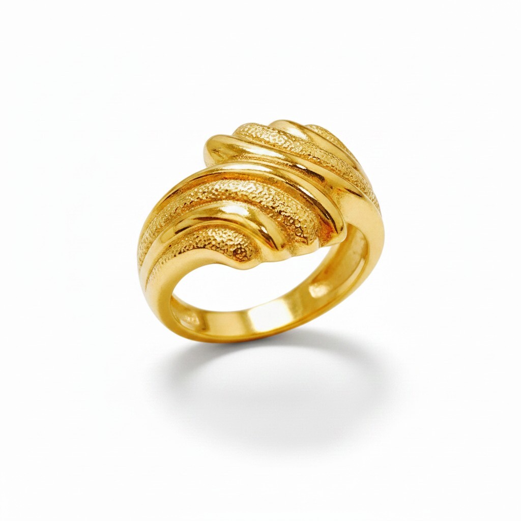 10K Yellow Gold Bypass Wave Ring  Textured Sculptural Swirl Band
