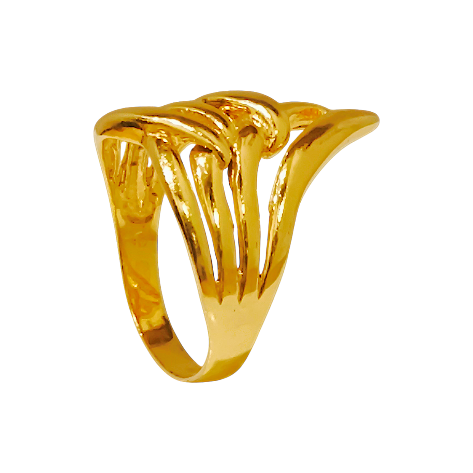 10K Yellow Gold Sculptural Openwork Wave Ring  Fluid Ribbed Statement Band