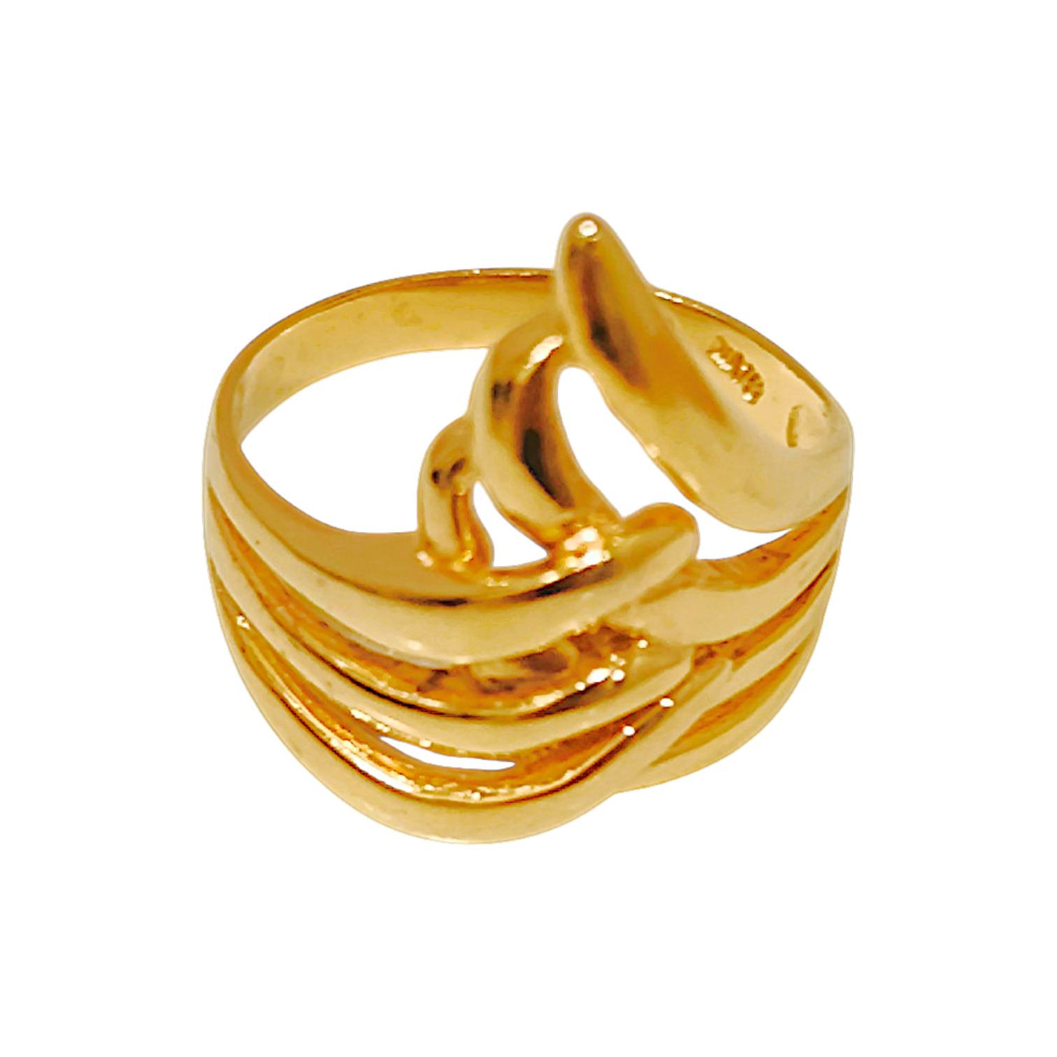 10K Yellow Gold Sculptural Openwork Wave Ring  Fluid Ribbed Statement Band (3.56g)