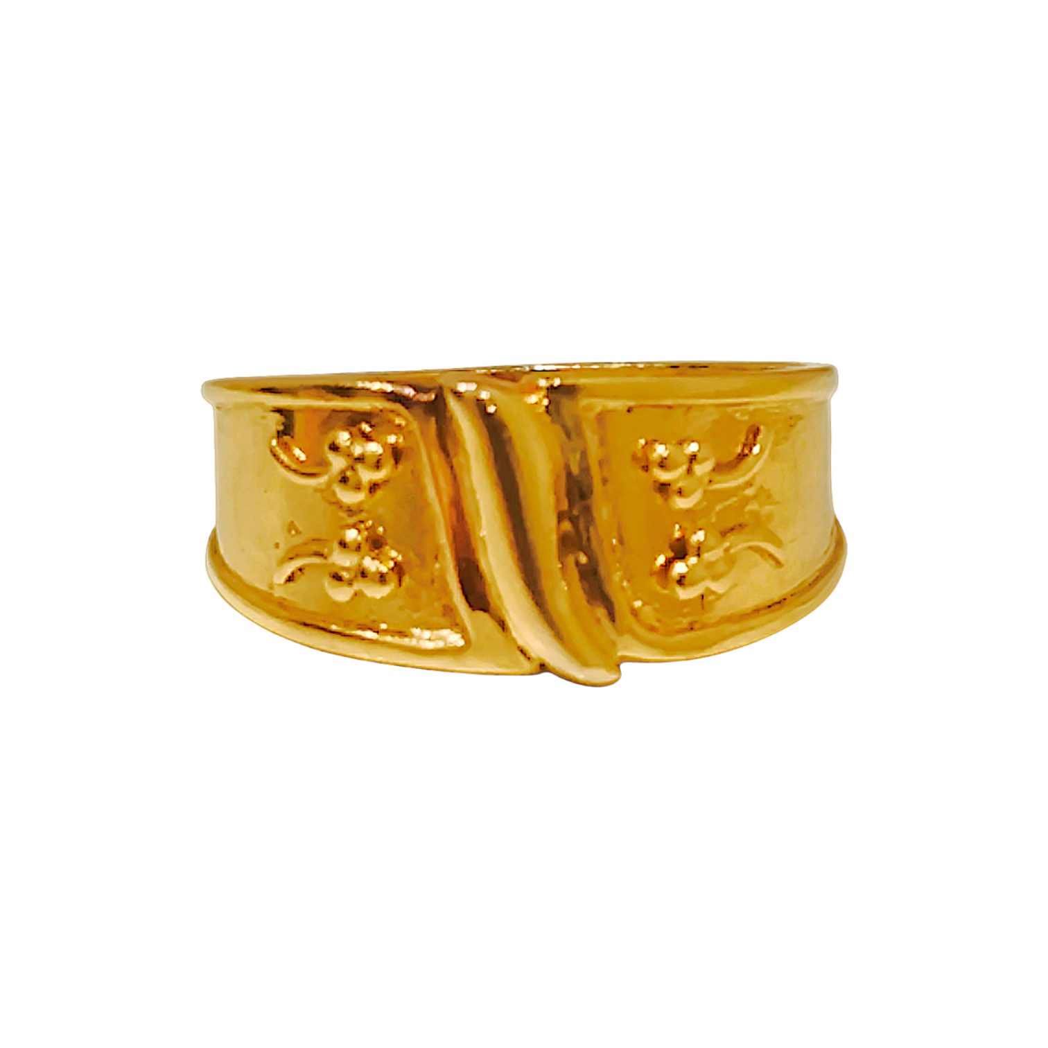 10K Yellow Gold Floral Relief Ring  Embossed Botanical Wide Signet Band (4.39g) - 12334