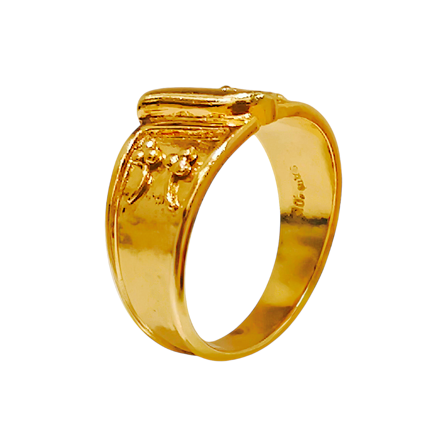10K Yellow Gold Floral Relief Ring  Embossed Botanical Wide Signet Band (4)