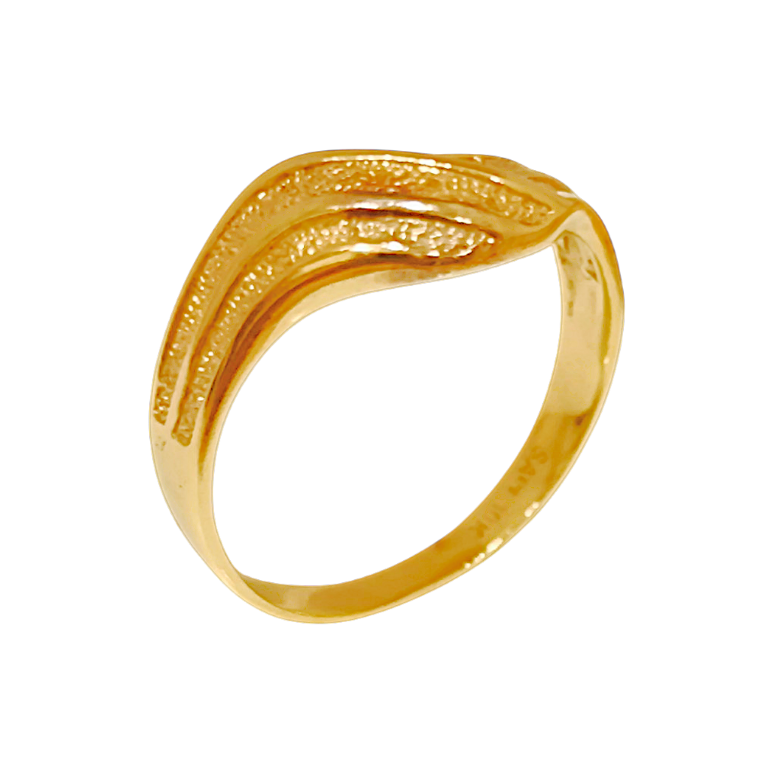 1.76g 10K Yellow Gold V-Wishbone Wave Ring  Stippled Frosted Chevron Band (3)