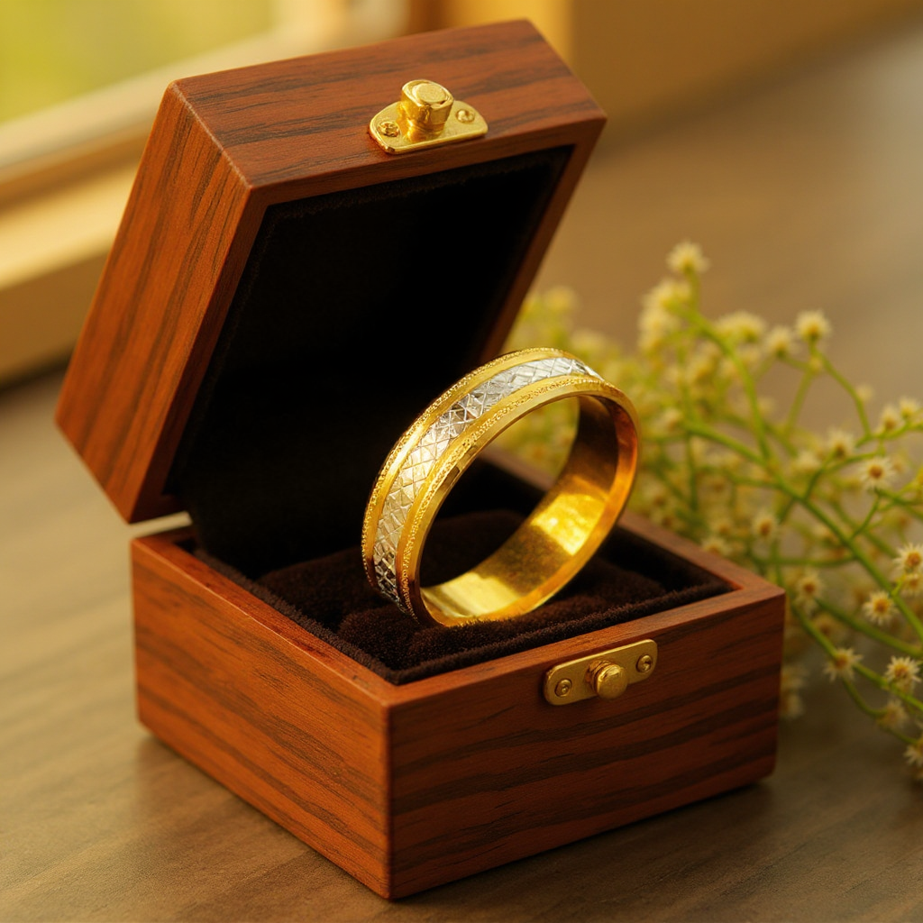 Close-up lifestyle shot of a gold and platinum ring resting on a textured, handcrafted wooden box, opened slightly to reveal a glimpse of rich velvet lining inside Soft, diffused natural light filters in from 