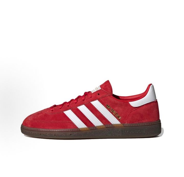 adidas Handball Spezial FV1227 Scarlet red premium suede upper with Cloud White leather three-stripes and vintage soft gum rubber outsole side profile view