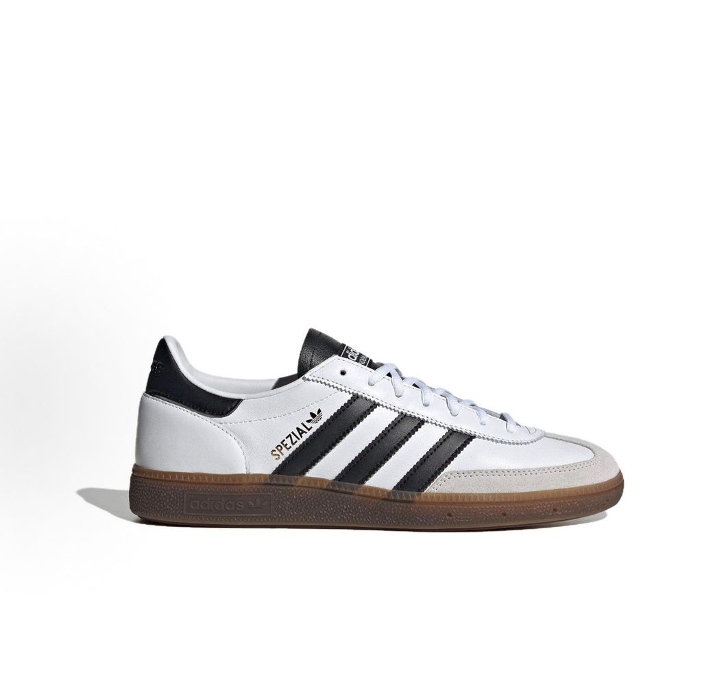 adidas Handball Spezial IE3403 Cloud White premium upper with Core Black leather three-stripes suede T-toe and vintage soft gum rubber outsole side profile view
