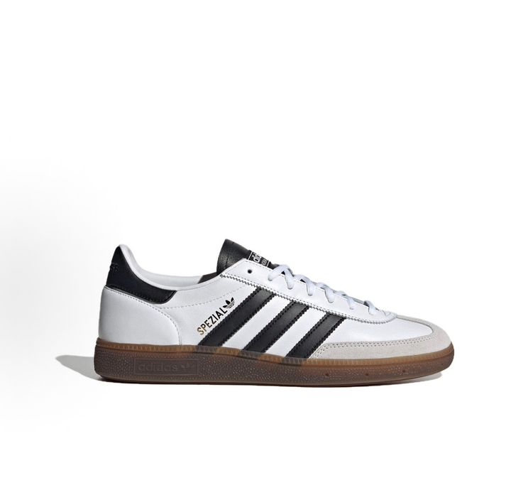 adidas Handball Spezial IE3403 Cloud White premium upper with Core Black leather three-stripes suede T-toe and vintage soft gum rubber outsole side profile view