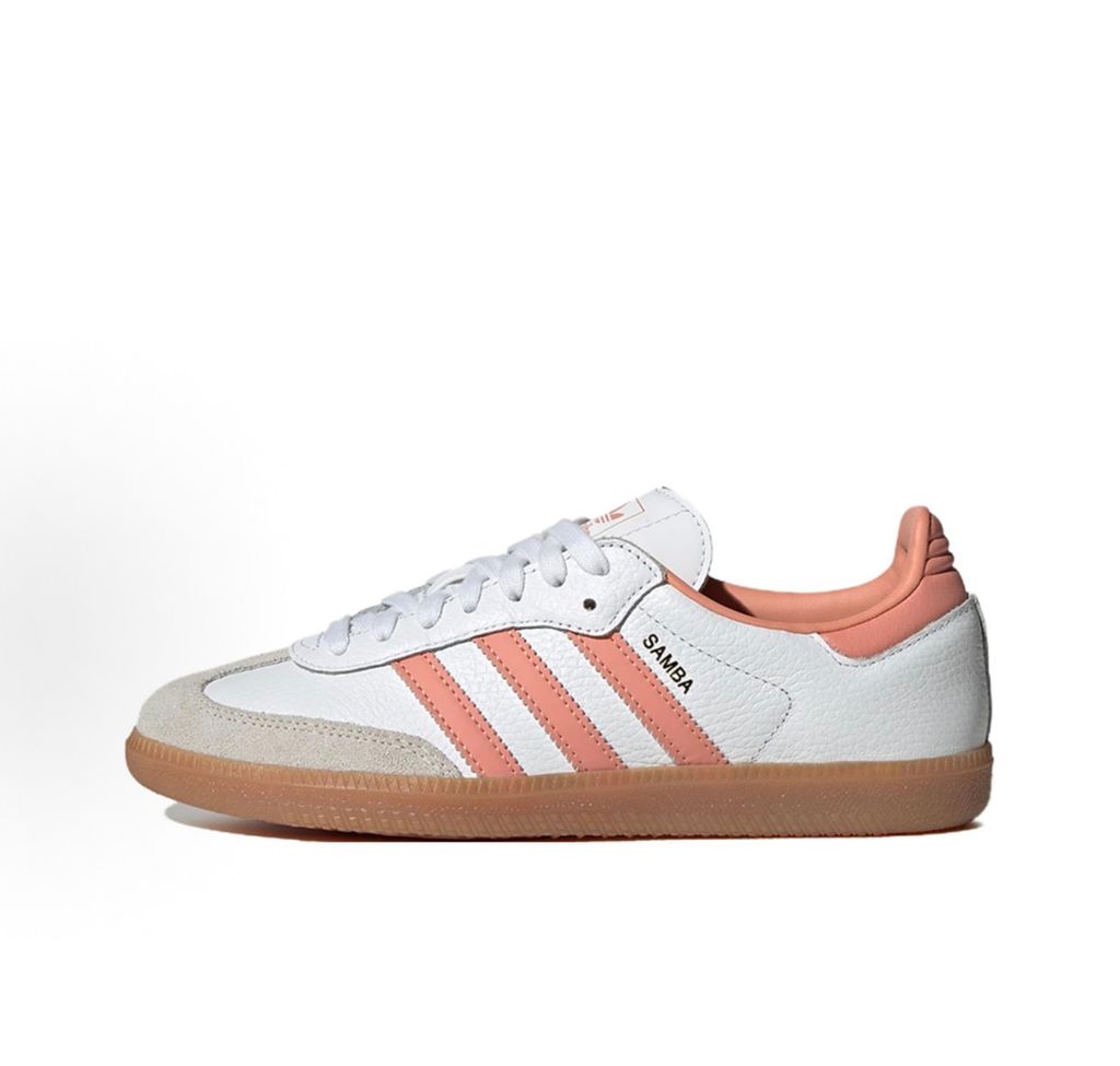 adidas Samba OG IG5932 womens Cloud White smooth leather upper with Wonder Clay peach pink three-stripes neutral suede T-toe and vintage low-profile gum rubber outsole side profile view.pic_hd