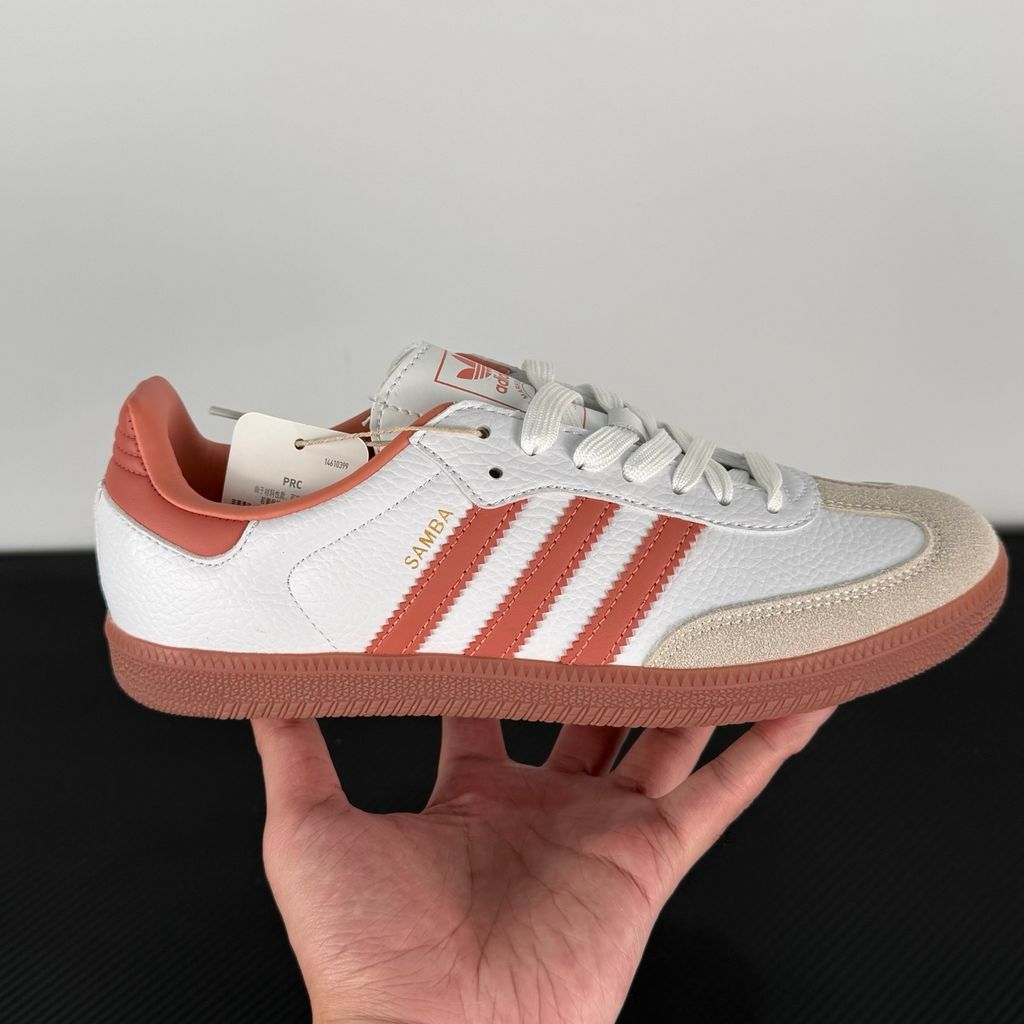 adidas Samba OG IG5932 womens Cloud White smooth leather upper with Wonder Clay peach pink three-stripes neutral suede T-toe and vintage low-profile gum rubber outsole side profile view.jpg