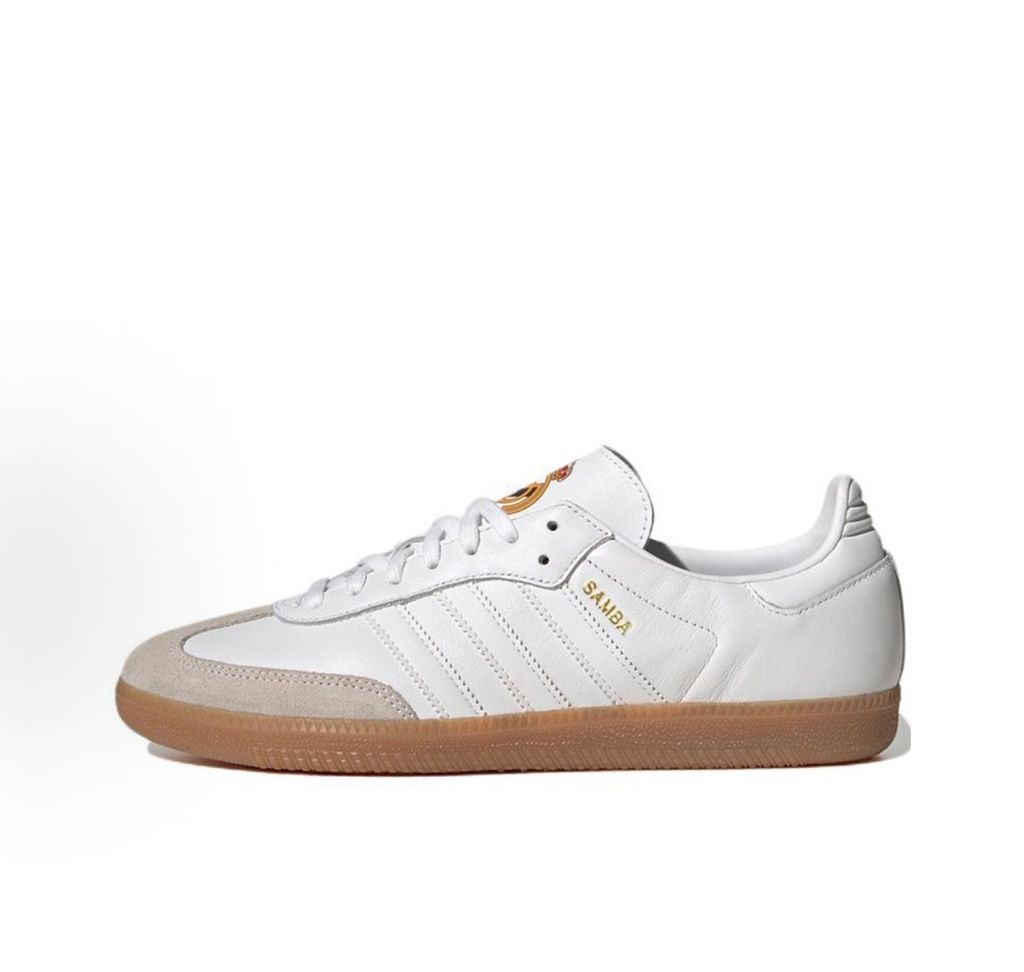 Side profile of authentic adidas Samba Team Real Madrid sneaker HQ7032, featuring crisp white leather, grey suede T-toe, gum rubber sole, and printed club crest on the tongue. Available in Singapore and Malaysia..pic_hd
