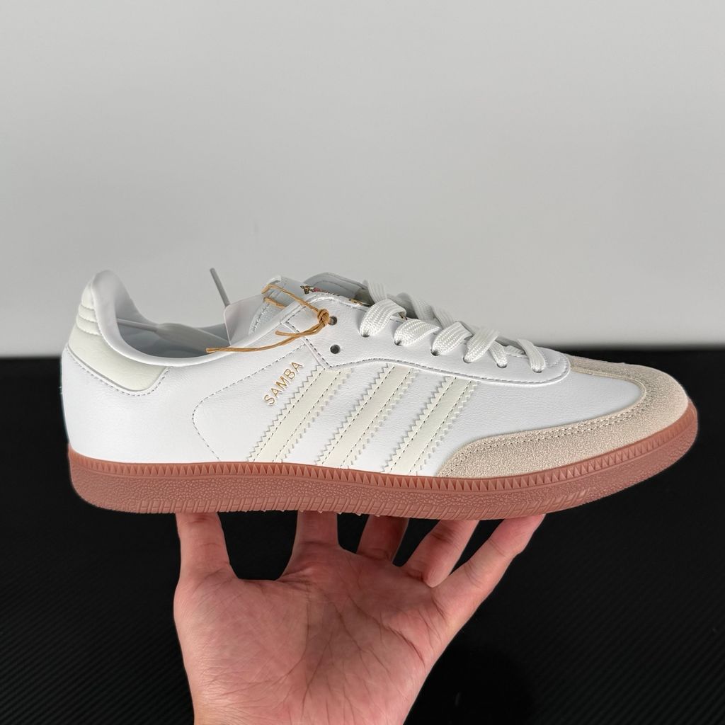 Side profile of authentic adidas Samba Team Real Madrid sneaker HQ7032, featuring crisp white leather, grey suede T-toe, gum rubber sole, and printed club crest on the tongue. Available in Singapore and Malaysia..jpg