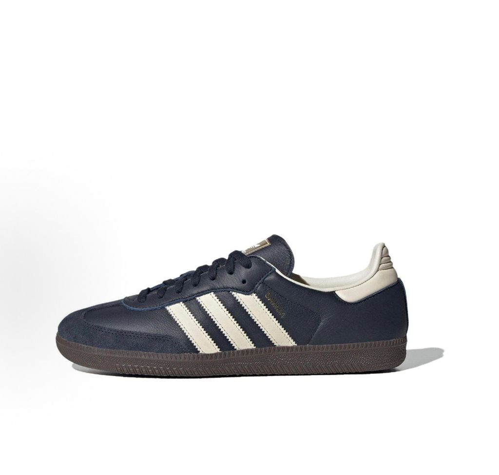 Side profile of adidas Samba OG Night Navy Gum sneaker ID2056, featuring deep navy leather, suede T-toe, cream white 3-stripes, and a gum rubber outsole. Available in Singapore and Malaysia..pic_hd