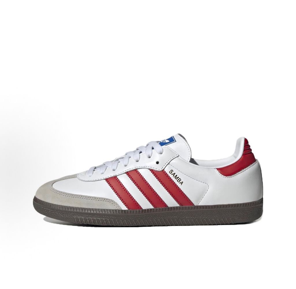 Side profile of adidas Samba OG White Better Scarlet sneaker IG1025, featuring white leather, bright red 3-stripes, grey suede T-toe, and a gum rubber outsole. Available in Singapore and Malaysia..pic_hd