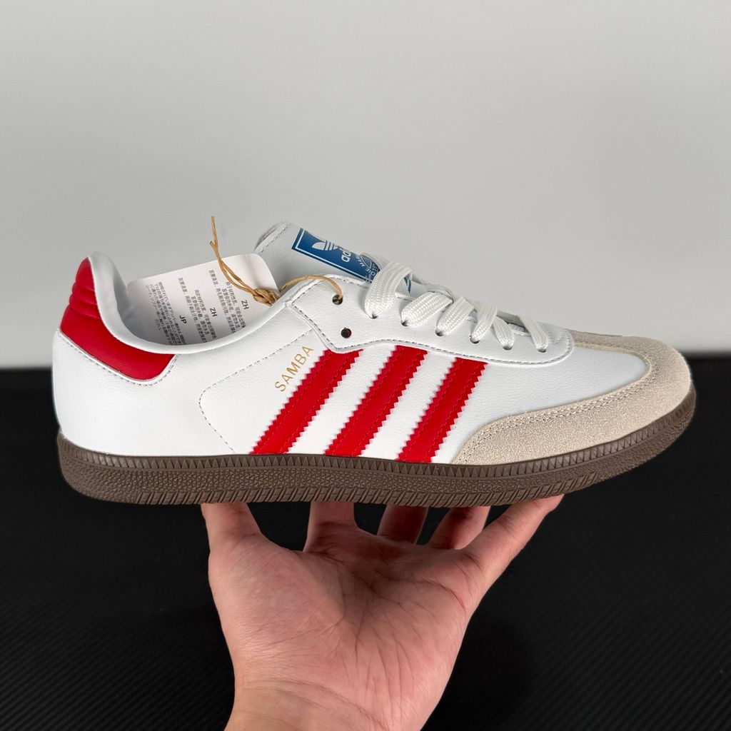 Side profile of adidas Samba OG White Better Scarlet sneaker IG1025, featuring white leather, bright red 3-stripes, grey suede T-toe, and a gum rubber outsole. Available in Singapore and Malaysia..jpg