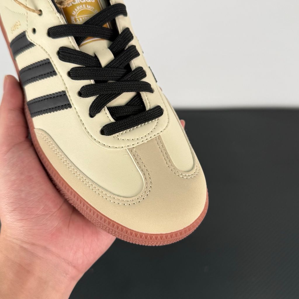 Side profile of women's adidas Samba OG Cream White Sand Strata sneaker ID0478, featuring a cream leather base, earthy sand suede T-toe and 3-stripes, and a gum rubber outsole. Available in Singapore and Malaysia..jpg
