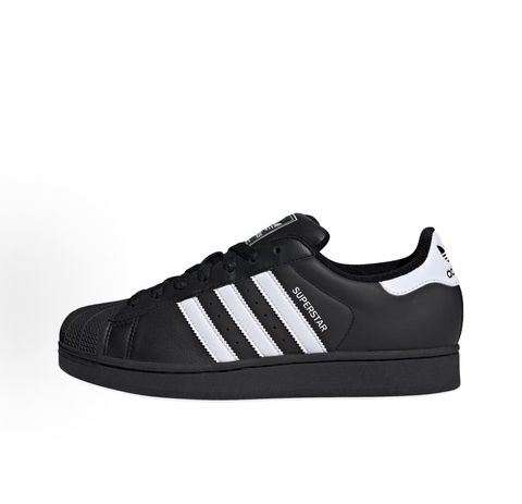 Side profile of adidas Superstar 2 Core Black Cloud White sneaker JI0079, featuring black leather, crisp white 3-stripes, and the legendary rubber shell toe. Available in Singapore and Malaysia.