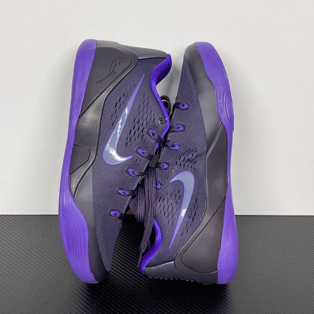 Side profile of the Nike Kobe 9 EM Low Protro TB Purple Dynasty basketball shoe IH1401-500, featuring a rich purple Engineered Mesh upper, carbon fiber heel counter, and pressure-mapped rubber outsole. Available in Singapore and Malaysia..jpg