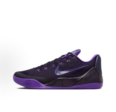 Side profile of the Nike Kobe 9 EM Low Protro TB Purple Dynasty basketball shoe IH1401-500, featuring a rich purple Engineered Mesh upper, carbon fiber heel counter, and pressure-mapped rubber outsole. Available in Singapore and Malaysia.