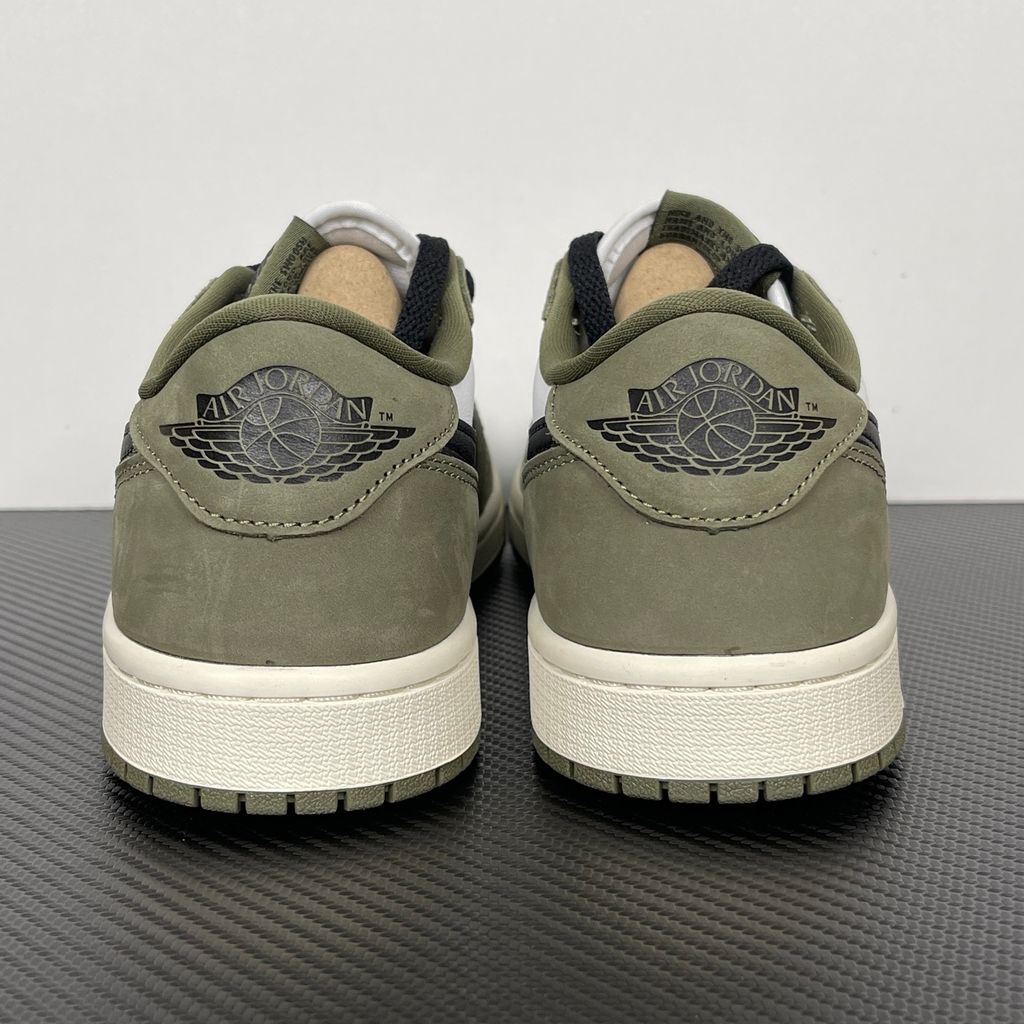 Side profile of Air Jordan 1 Retro Low OG Medium Olive sneaker HQ6998-200, featuring an olive green and summit white leather upper with a sail midsole. Available in Singapore and Malaysia..jpg